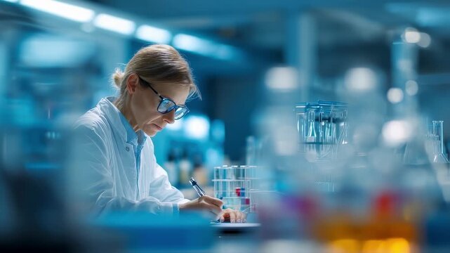 Focused medium shot of a data analyst typing notes while scrutinizing pharmacovigilance AI outlier alerts blurred lab environment in soft focus behind.