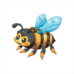 Cartoon Flying Bee Vector Illustration,Cute Yellow Black Bee Insect Clipart,Colorful Honey Bee with Blue Wings,Vector Illustration of a Flying Wasp,Detailed Insect Mascot Style Artwork