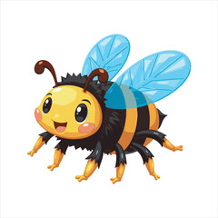 Cartoon Flying Bee Vector Illustration,Cute Yellow Black Bee Insect Clipart,Colorful Honey Bee with Blue Wings,Vector Illustration of a Flying Wasp,Detailed Insect Mascot Style Artwork