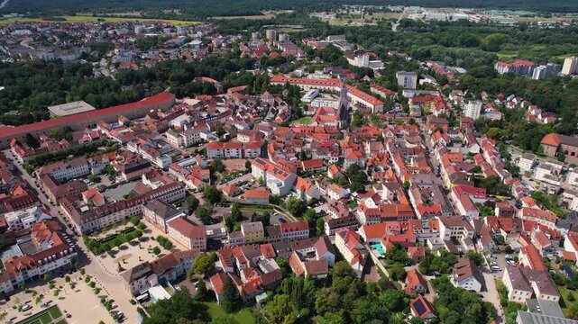 Aerial panorama view around the old town of the city Germersheim in Germany on a sunny spring noon