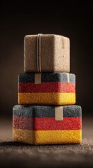 Colorful layered blocks representing Germany's flag stacked on a textured surface in a studio setting