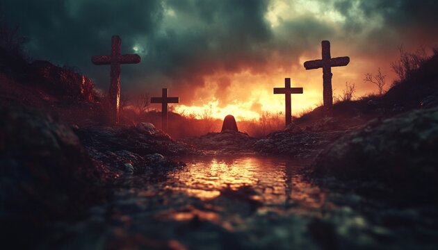A dark silhouette of a person in a hood is seen kneeling by a stream between three crosses at sunset, with a dramatic sky and dark landscape.
