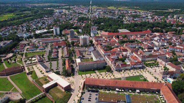Aerial panorama view around the old town of the city Germersheim in Germany on a sunny spring noon