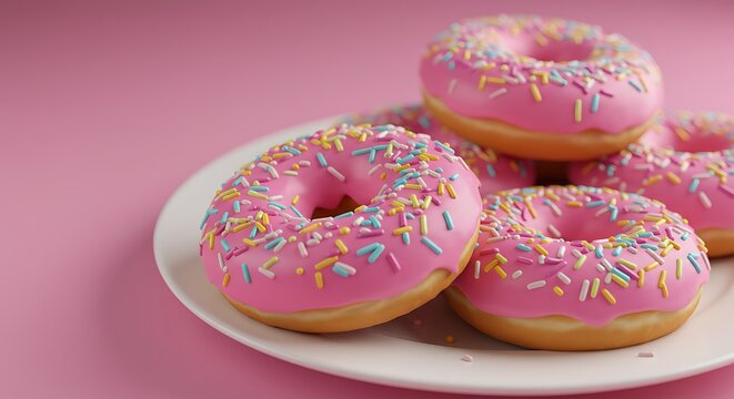 Pink frosted donuts with colorful sprinkles on a white plate.