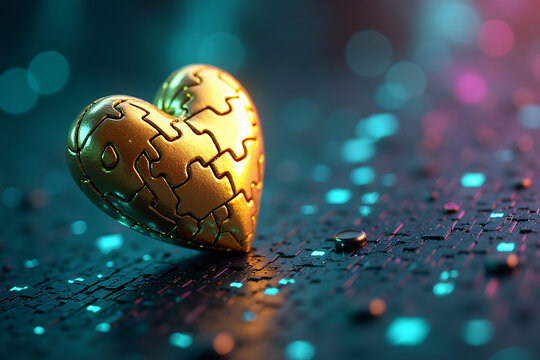 Golden Puzzle Heart on Circuit Board Tech Love and Connection in Digital World - Powered by Adobe