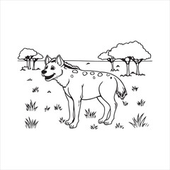 Fototapeta premium Cute hyena cartoon illustration, Hyena line art animal drawing, Wild animal coloring page illustration, African savanna animal black and white art, Cute wild animal outline illustration
