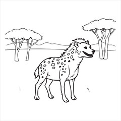 Cute hyena cartoon illustration, Hyena line art animal drawing, Wild animal coloring page illustration, African savanna animal black and white art, Cute wild animal outline illustration