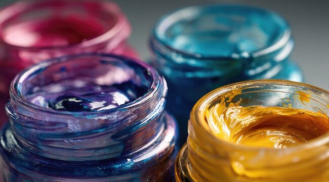 Close-up of paint jars with vibrant colors