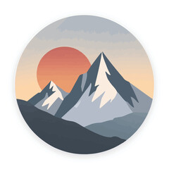 Minimalist mountain icon illustration with a serene sunrise over snow-capped peaks, a vector graphic landscape for adventure and travel themes