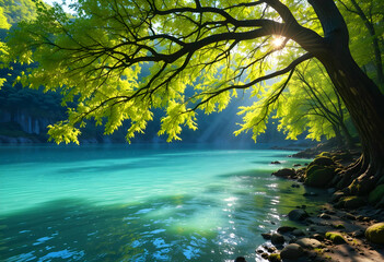 Fototapeta premium Tree Branches Hanging Over Teal Water in the Sun.