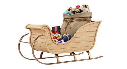 Isolated Christmas sleigh with a sack of wrapped gifts, wooden texture and golden runners