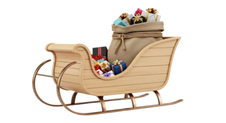Isolated Christmas sleigh with a sack of wrapped gifts, wooden texture and golden runners