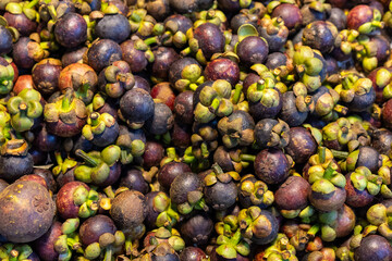Pile of Fresh Mangosteen Fruits Displayed Beautifully in the Market Stalls.