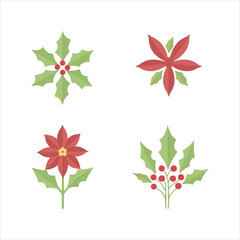 Fototapeta premium Christmas holly and poinsettia vector set, Winter holiday floral decoration icons, Christmas flower and holly leaf illustration, Festive botanical elements for holiday design, Christmas floral clipart