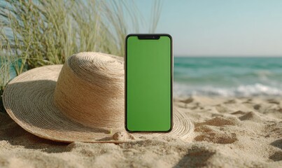 A smartphone with a green screen rests on a beach beside a straw hat