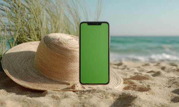 A smartphone with a green screen rests on a beach beside a straw hat - Powered by Adobe