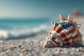 Shell with American flag design on a sandy beach near the ocean during a sunny day