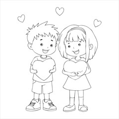 Cute kids holding heart illustration, Boy and girl love cartoon drawing, Children holding heart line art, Kids love concept black and white illustration, Cute child couple heart illustration