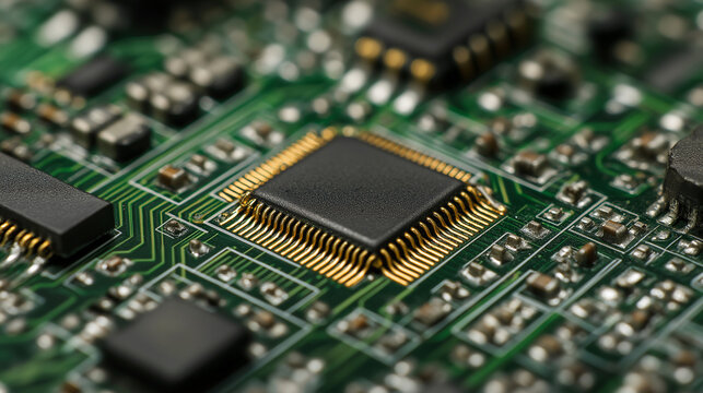 
A close-up of a green circuit board with microchips, showcasing intricate pathways, electronic components, and detailed high-tech connections.