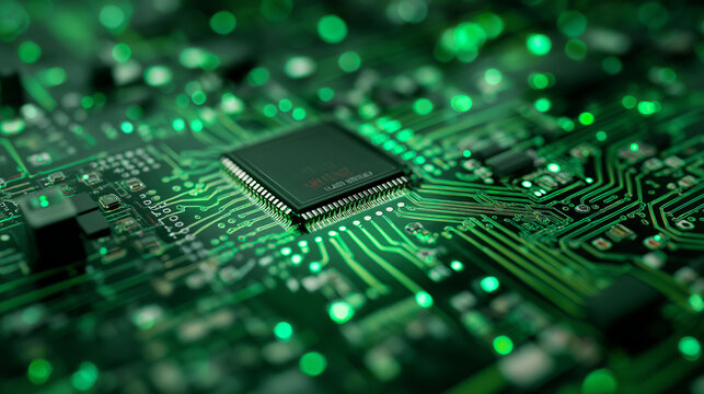 
A close-up of a green circuit board with microchips, showcasing intricate pathways, electronic components, and detailed high-tech connections.