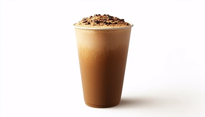 The image shows a tall cup of iced coffee with a layer of foam and coffee beans sprinkled on top, sitting on a white background.