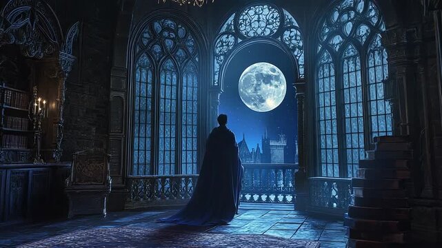 Mysterious man in dark cloak standing by castle window gazing at full moon in the night sky
