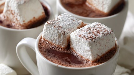 Hot chocolate with marshmallows.  Fluffy white marshmallows, dusted with cocoa powder, float in a mug of rich, dark hot chocolate