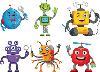 colorful cartoon robots vector, cute AI characters clipart, kids tech illustration, wrench, screwdriver, jetpack, propeller