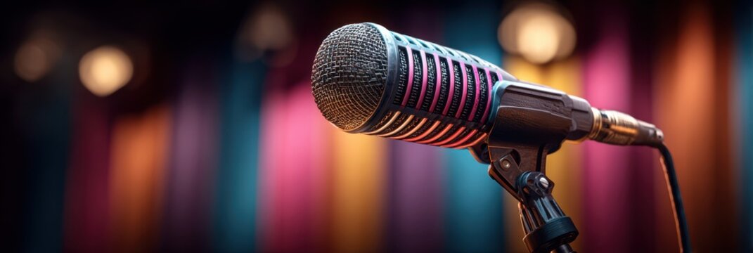 Vintage microphone on stage with colorful backdrop in an intimate music venue at night