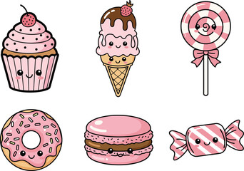 cute dessert characters, cartoon sweets, smiling cupcake, ice cream cone, donut, macaron, lollipop, candy, kids illustration, vector