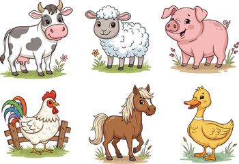 cartoon farm animals, cute cow, fluffy sheep, smiling pig, happy horse, duck, chicken, kids illustration, vector art