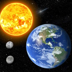 A vibrant portrayal of the sun, earth, and moon in space, showcasing the celestial bodies' relative sizes and positions.