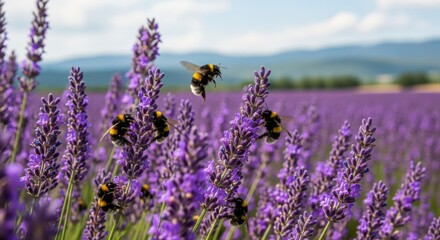 Bumblebees pollinating lavender flowers in a field
