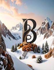 A stylized, majestic 'B' letter design is nestled in a snow-capped mountain landscape, highlighted by warm sunset hues and intricate details.