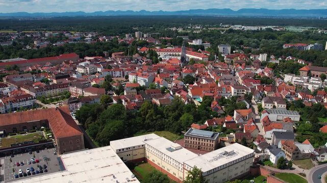 Aerial panorama view around the old town of the city Germersheim in Germany on a sunny spring noon