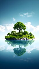 Lush island reflecting in still water