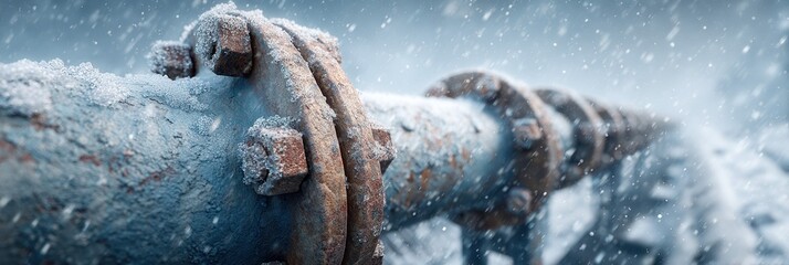 Metal pipe covered in frost during a snowstorm in an industrial area with a dramatic winter atmosphere