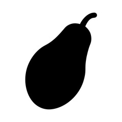 Silhouette of a pear shaped fruit with a small stem curving right
