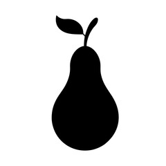 A simple black silhouette of a pear with a leaf and stem