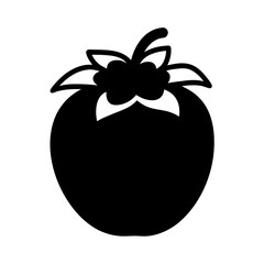 Stylized black and white silhouette of a tomato with leaves at top