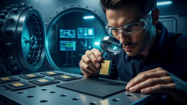 Engineer examining biometric passport chips postlaser personalization inside a vault ensuring data accuracy and security.