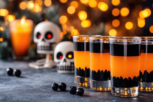 Halloween party: spooky layered shots with skulls and bokeh light background