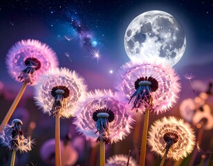 A field of glowing dandelions under a night sky full of stars and a large moon, bathed in a dreamy, vibrant mix of pastel colors.