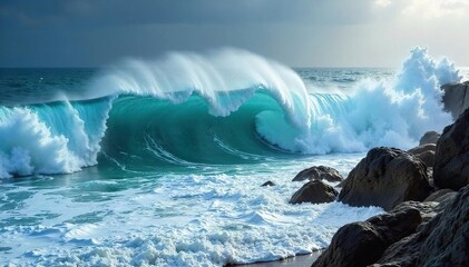 Powerful ocean waves crashing against a rocky shore, creating a dramatic display of nature's force The surging water showcases the raw energy and beauty of the sea , scenery, sea, wave