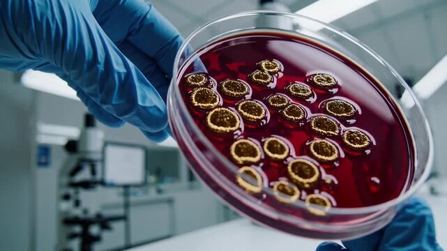 Doctor's Glove Holding Petri Dish with MRSA Bacteria Culture