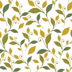 Leaves, foliage, botanical, seamless, pattern, background, nature, organic, natural, green, olive, yellow, gold, white, print, fabric, textile, wallpaper, simple, minimalist, elegant, modern.