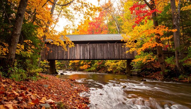 Autumnal wooden covered bridge over a stream