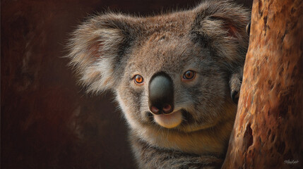 Obraz premium A close-up portrait of a koala’s face reveals its fluffy fur, gentle eyes, and calm, endearing natural expression.