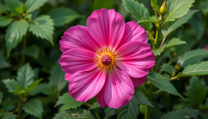 Obraz premium A vibrant pink dahlia flower with intricate petals blooms against a lush green foliage background, conveying a sense of freshness and natural beauty.