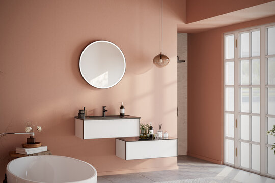 Modern minimalist bathroom interior with freestanding bathtub, vanity unit, round mirror, shower area, and natural sunlight. Japandi-inspired cozy design with warm terracotta walls,  3D render